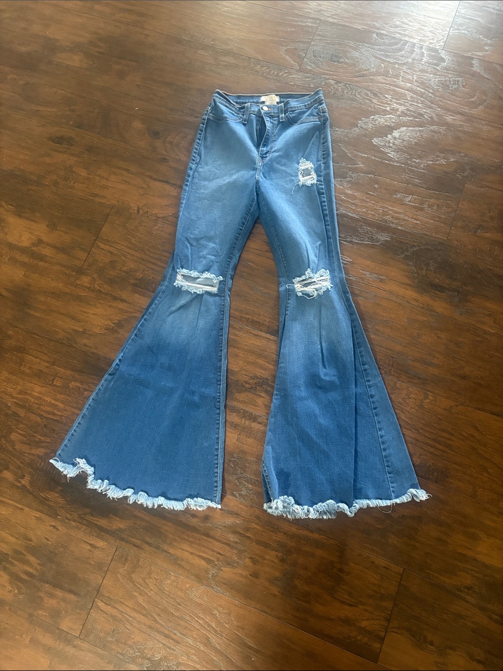 Vibrant Medium Blue Distressed Flare Jeans 11 W 29